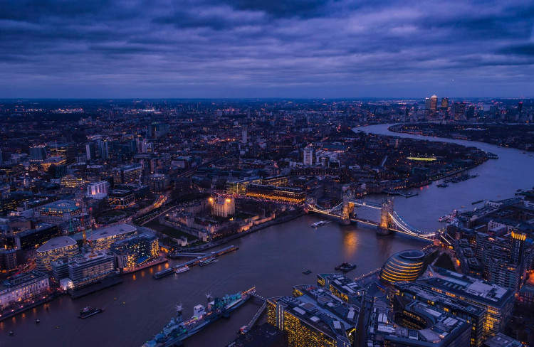 London aerial skyline at night.